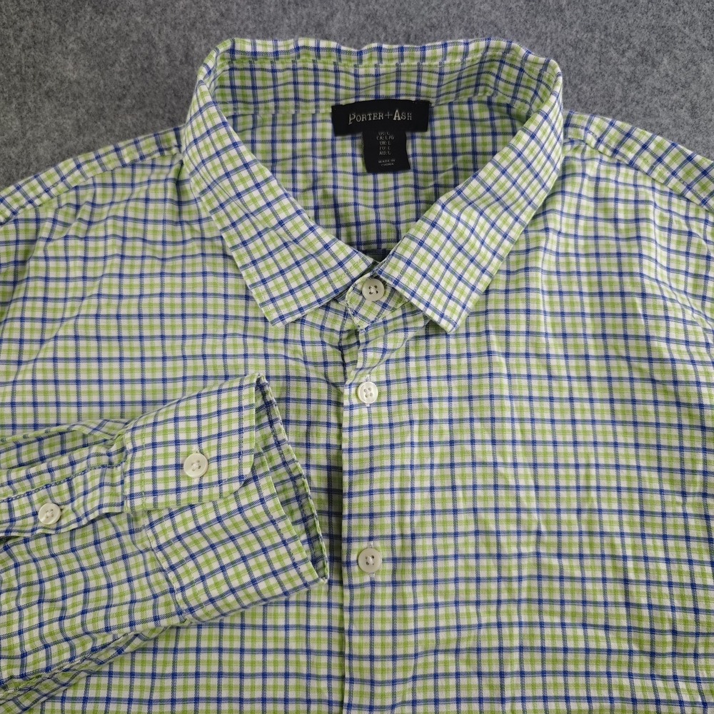 Porter + Ash Shirt Mens Large Green Blue Check Long Sleeve Button Up Stretch